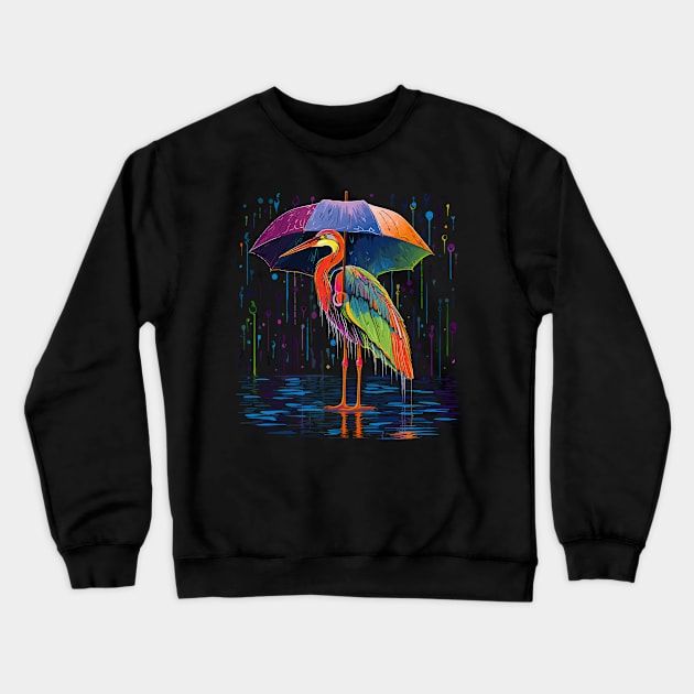 Heron Rainy Day With Umbrella Crewneck Sweatshirt by JH Mart